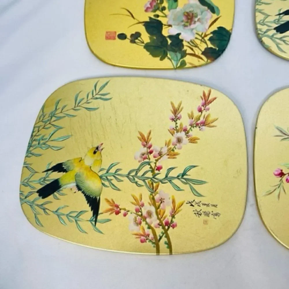 4 VTG Asian Oriole Bird Cherry Blossom Gold Serving Coaster Trivet Tin Cork Very